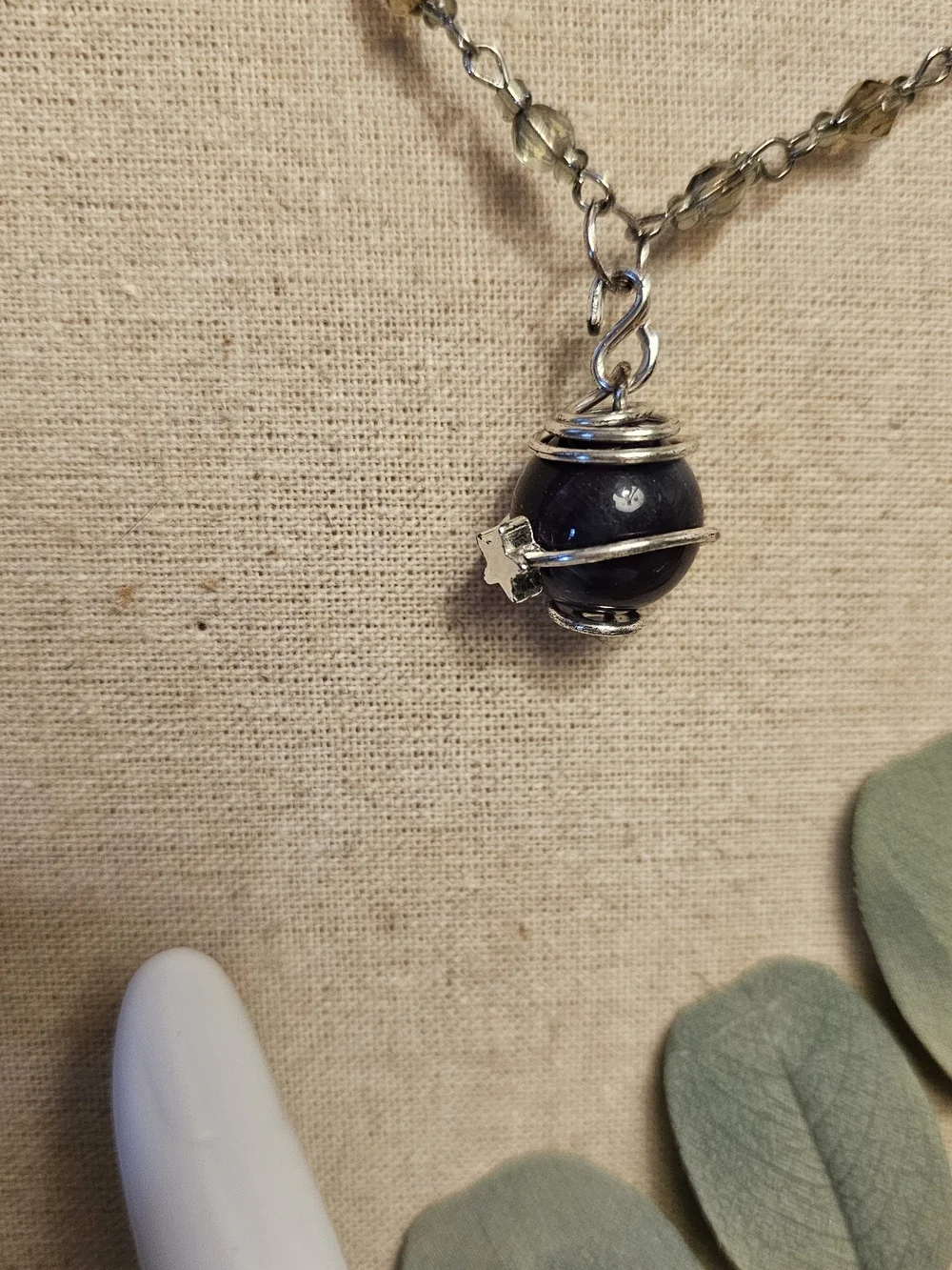 Silver Black Obsidian  Bead Pendant Necklace - Handmade